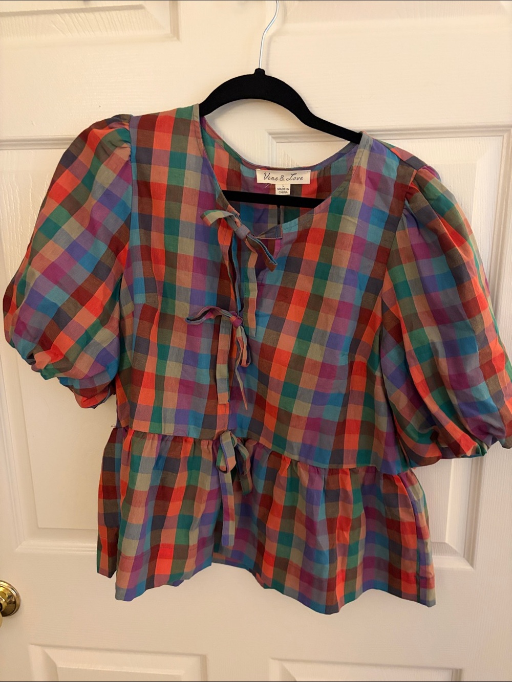 Multicolored Plaid Puff-Sleeve Tie-Front Top